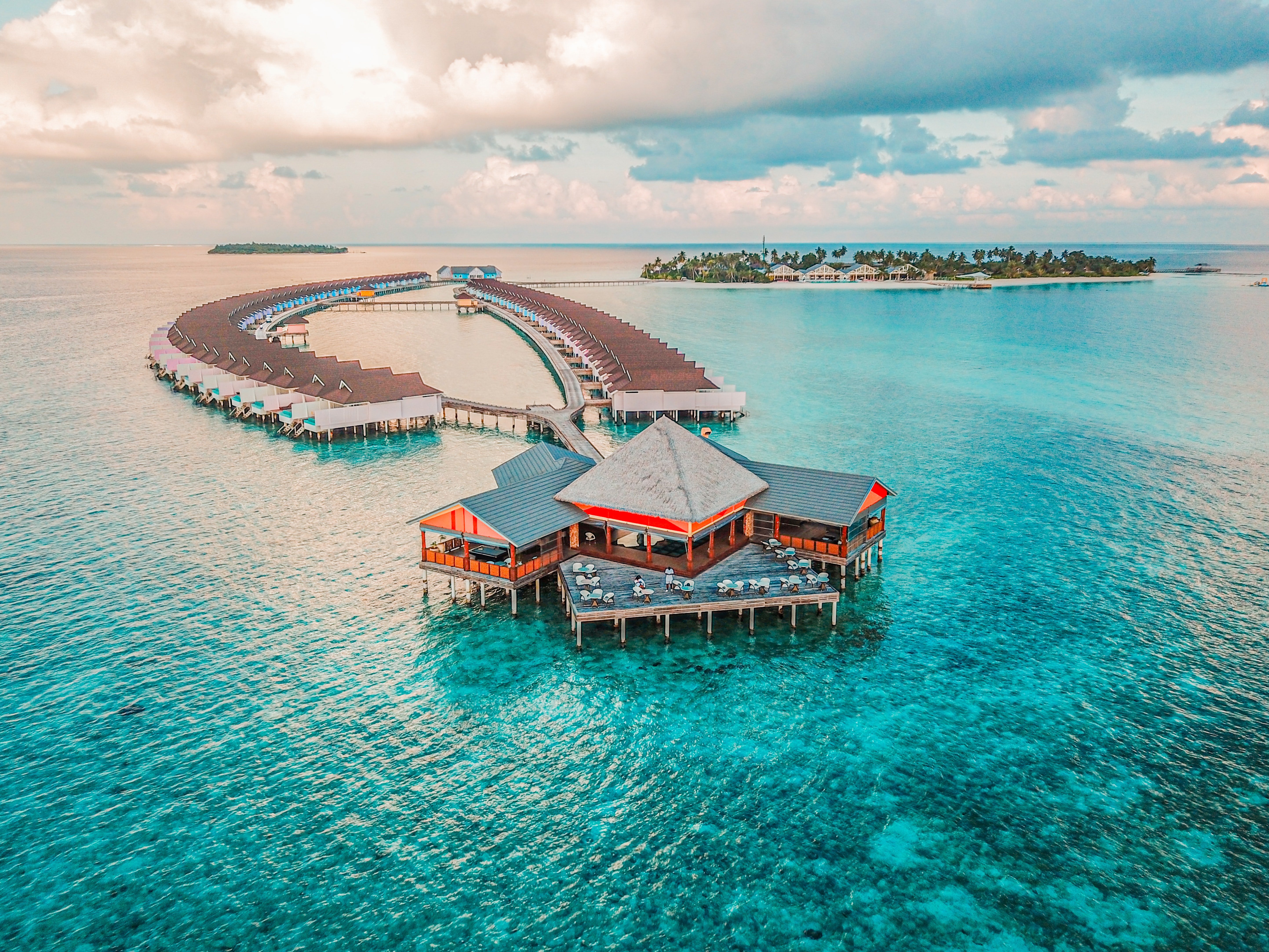 The Maldives with blue water. 