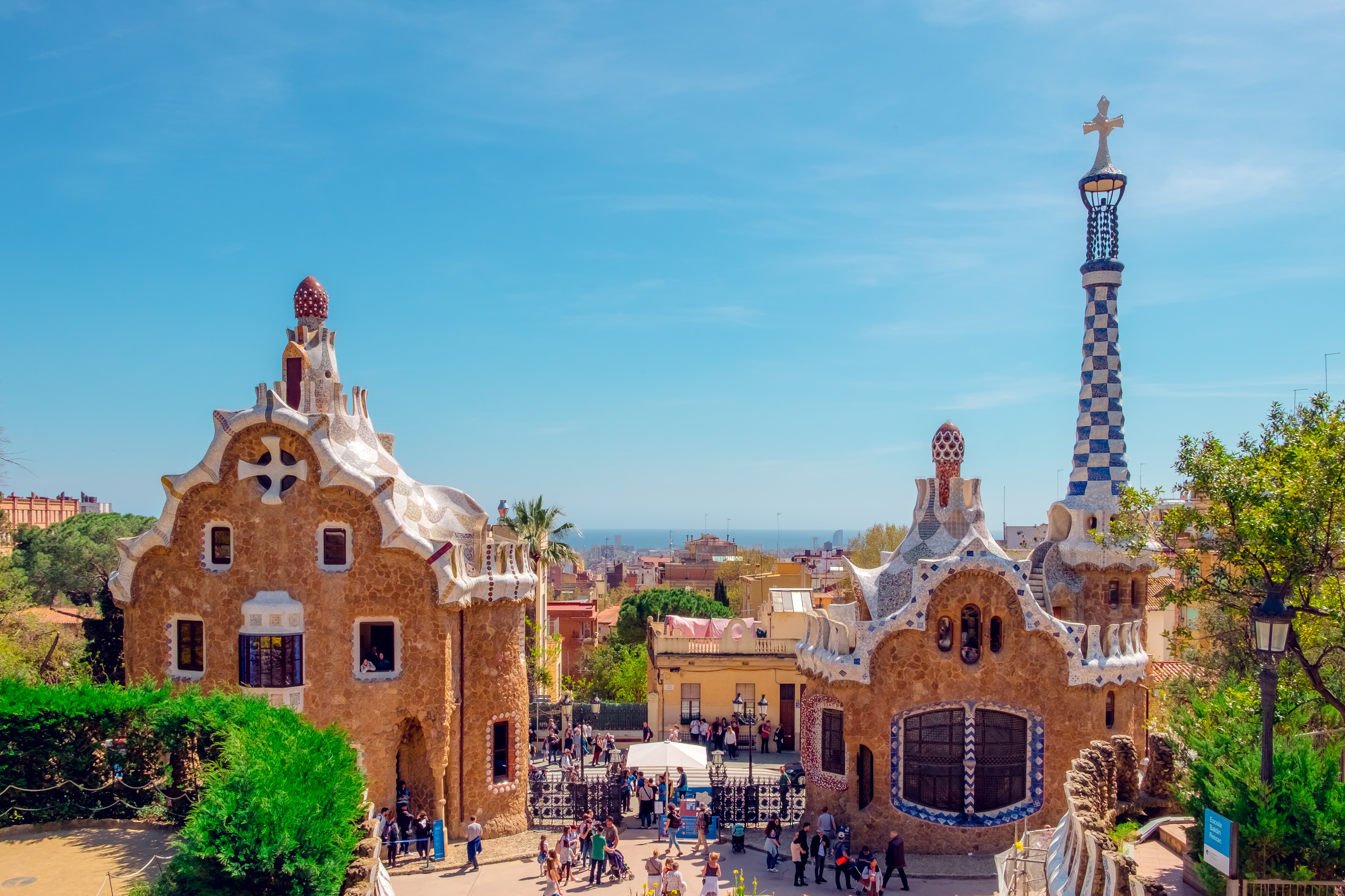 Colorful architecture under blue skies in Barcelona beautiful city parks