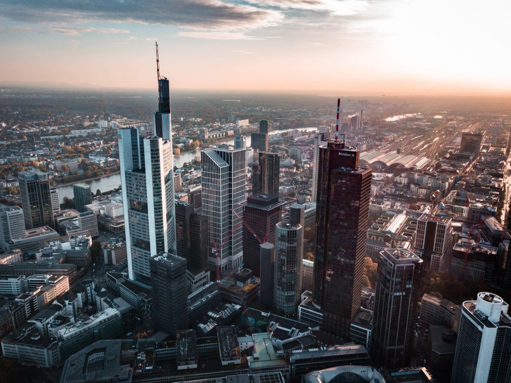 a city of view of Frankfurt with skyscrapers.