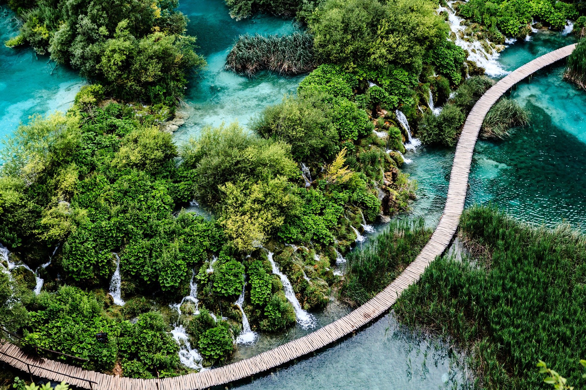 Lakes and greenery from above at Plitvice Lakes