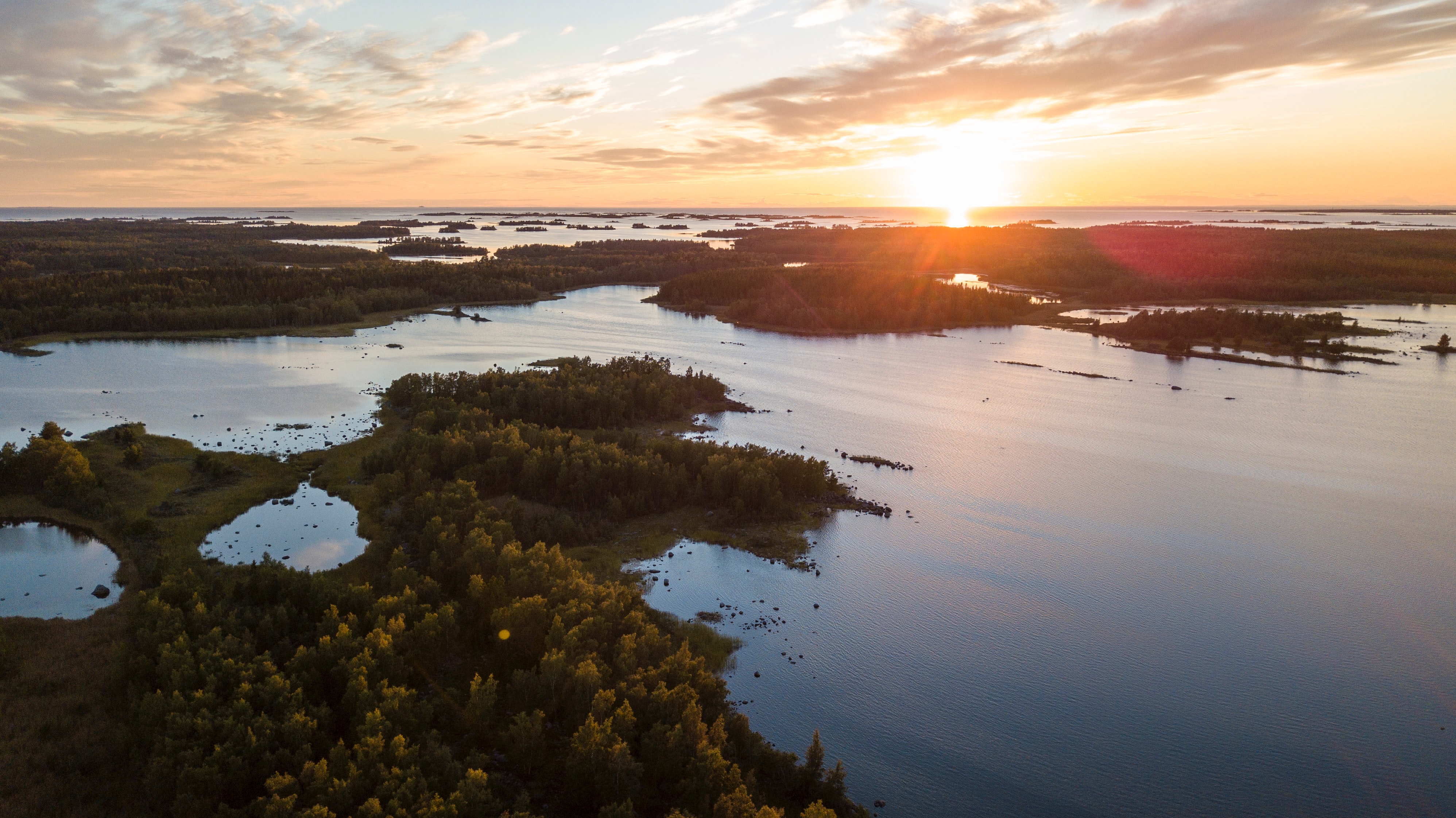 The Finnish archipelago during the sunset.